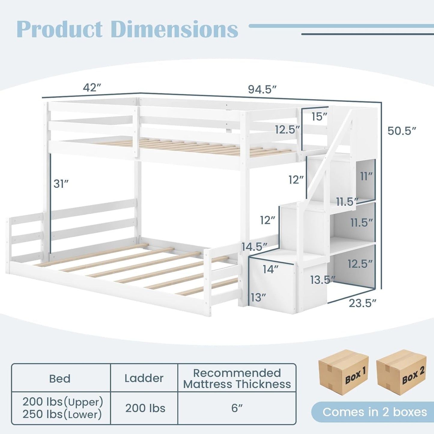 White Solid Wood Twin Over Full Bunk Bed Stairs GuardRails