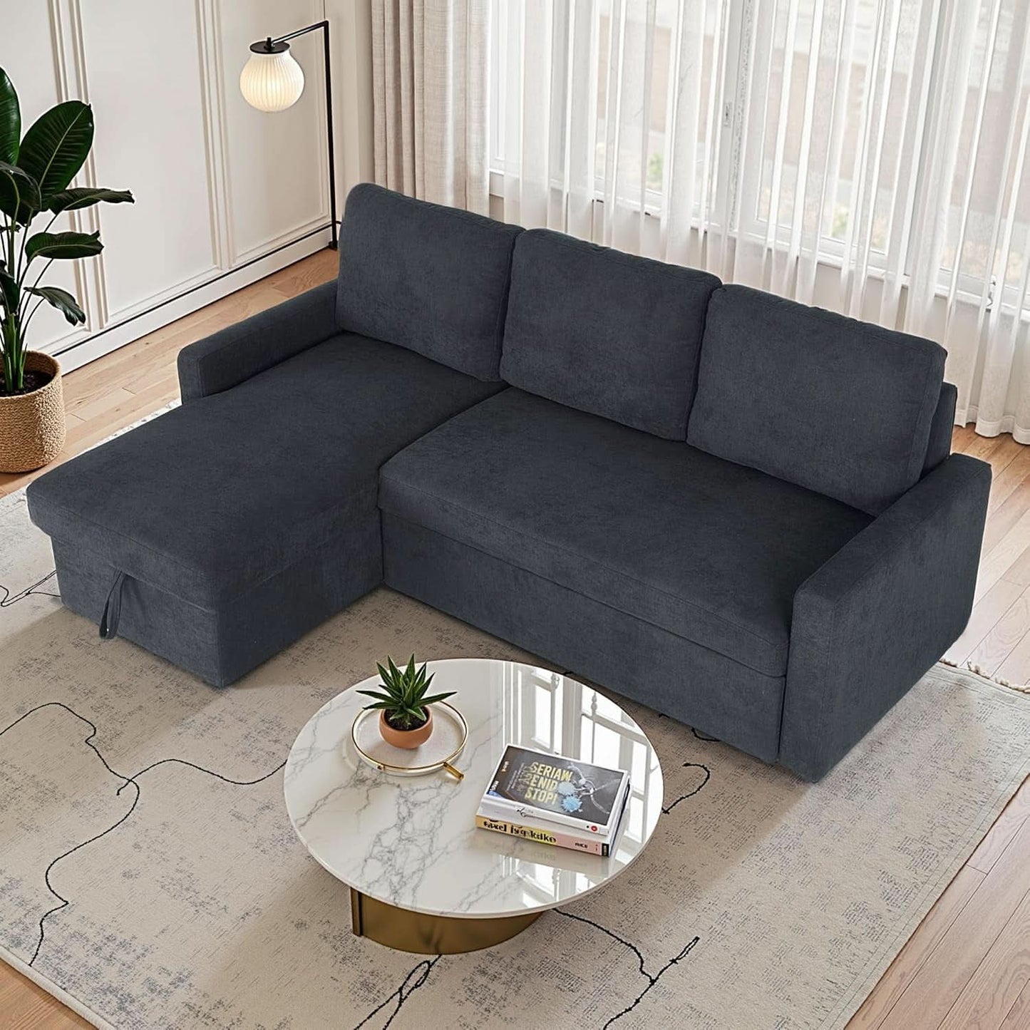 83-Inch Velvet-Black Pull-Out Sleeper Sofa With Storage