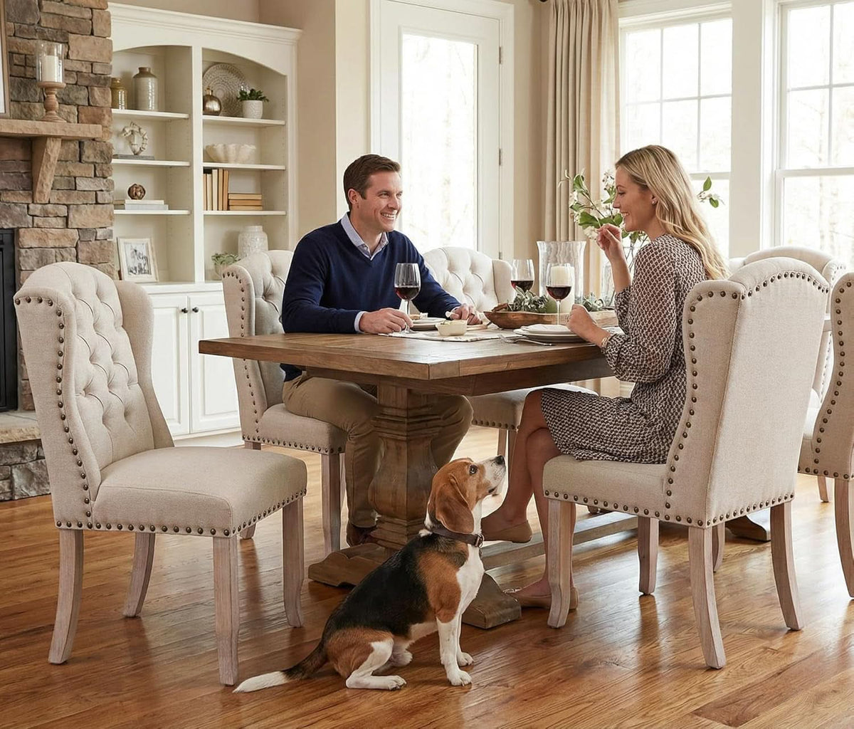 Beige Linen Tufted Wingback Upholstered Dining Chairs