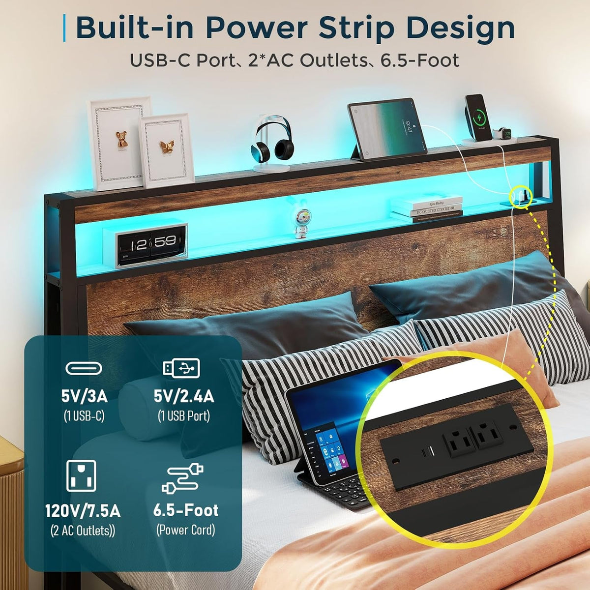 Full Size Bed Frame With Storage Drawers Charging Station