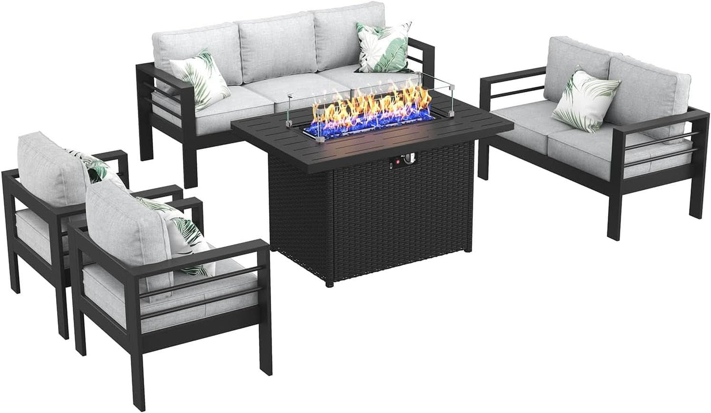 Aluminum 5 Piece Patio Furniture Set With Fire Pit Table