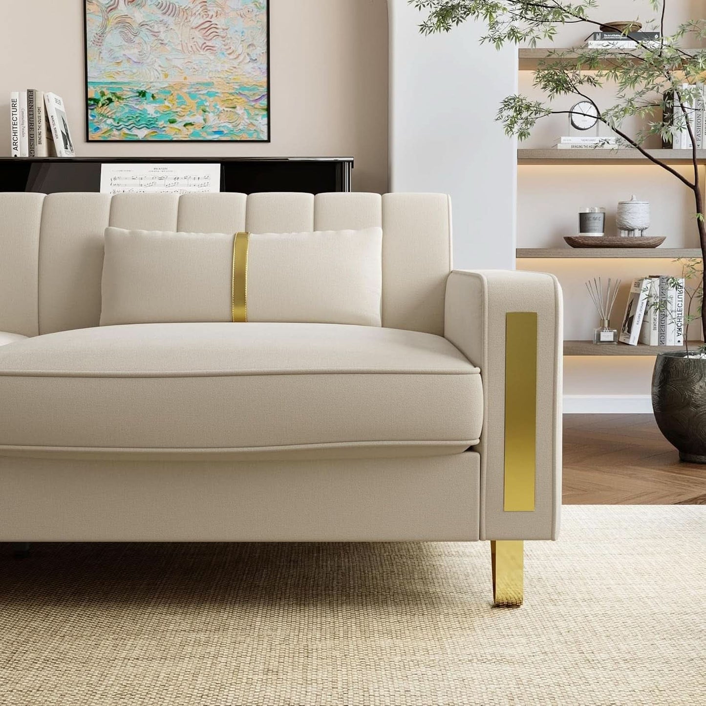 86 Inch Beige Velvet Loveseat With Gold Metal Legs Modern