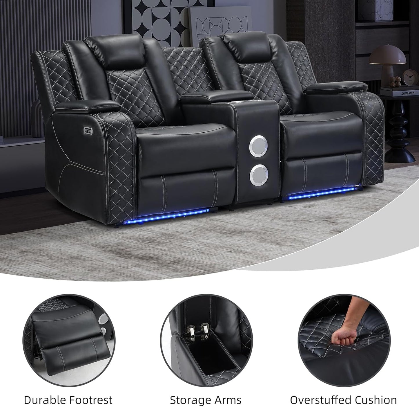 Black Luxurious Power Recliner With Center Console