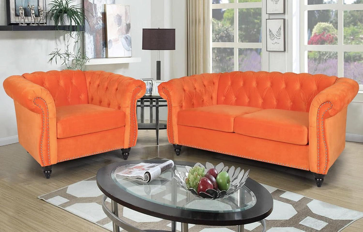 3 Piece Orange Velvet Living Room Sofa Set Includes Loveseat And Club Chair Durable Upholstery-2