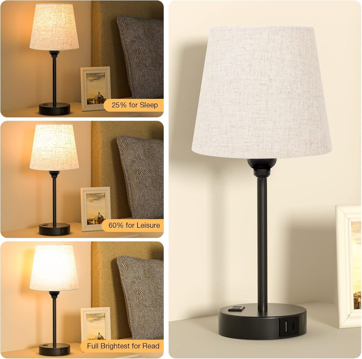 Black Nightstand Lamps Multifunction USB C Dimmable