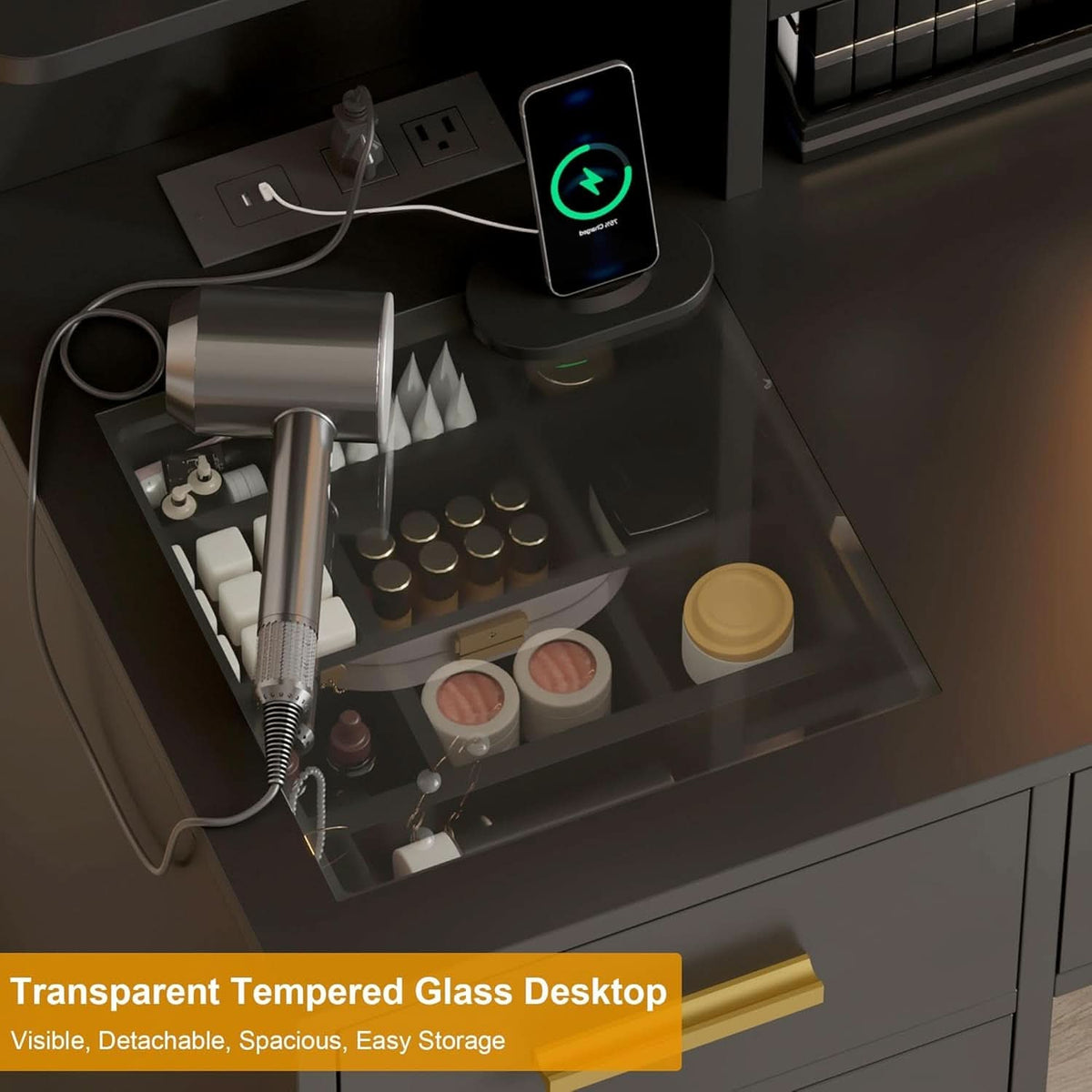 Black Vanity Desk With Multifunctional LED Lighting