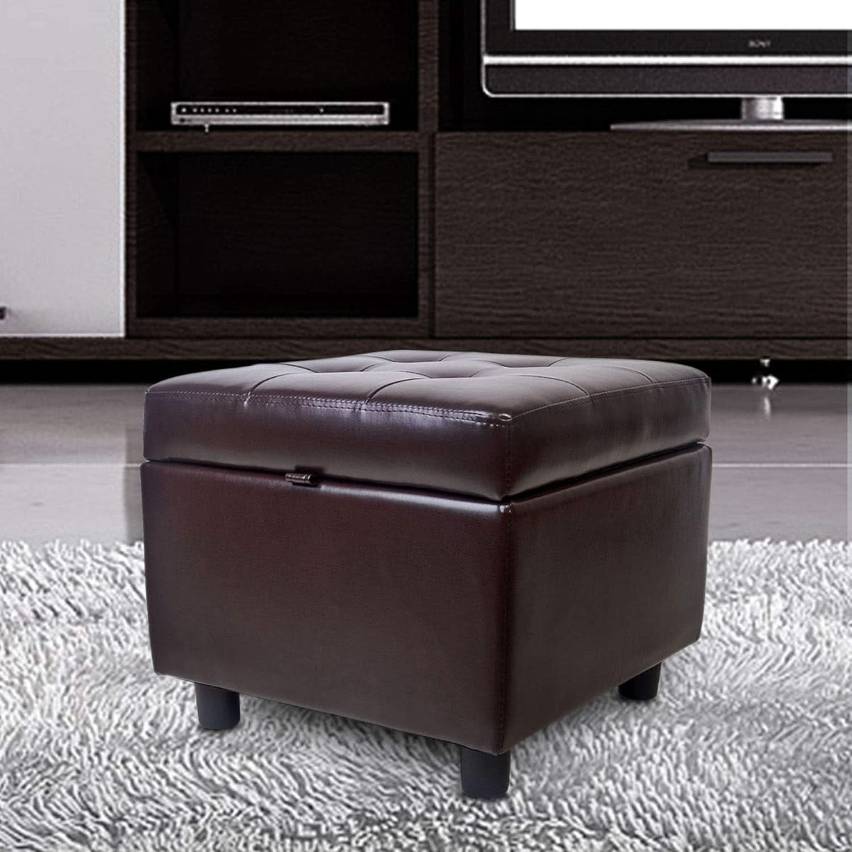 Brown Genuine Leather Storage Ottoman Cube Tufting