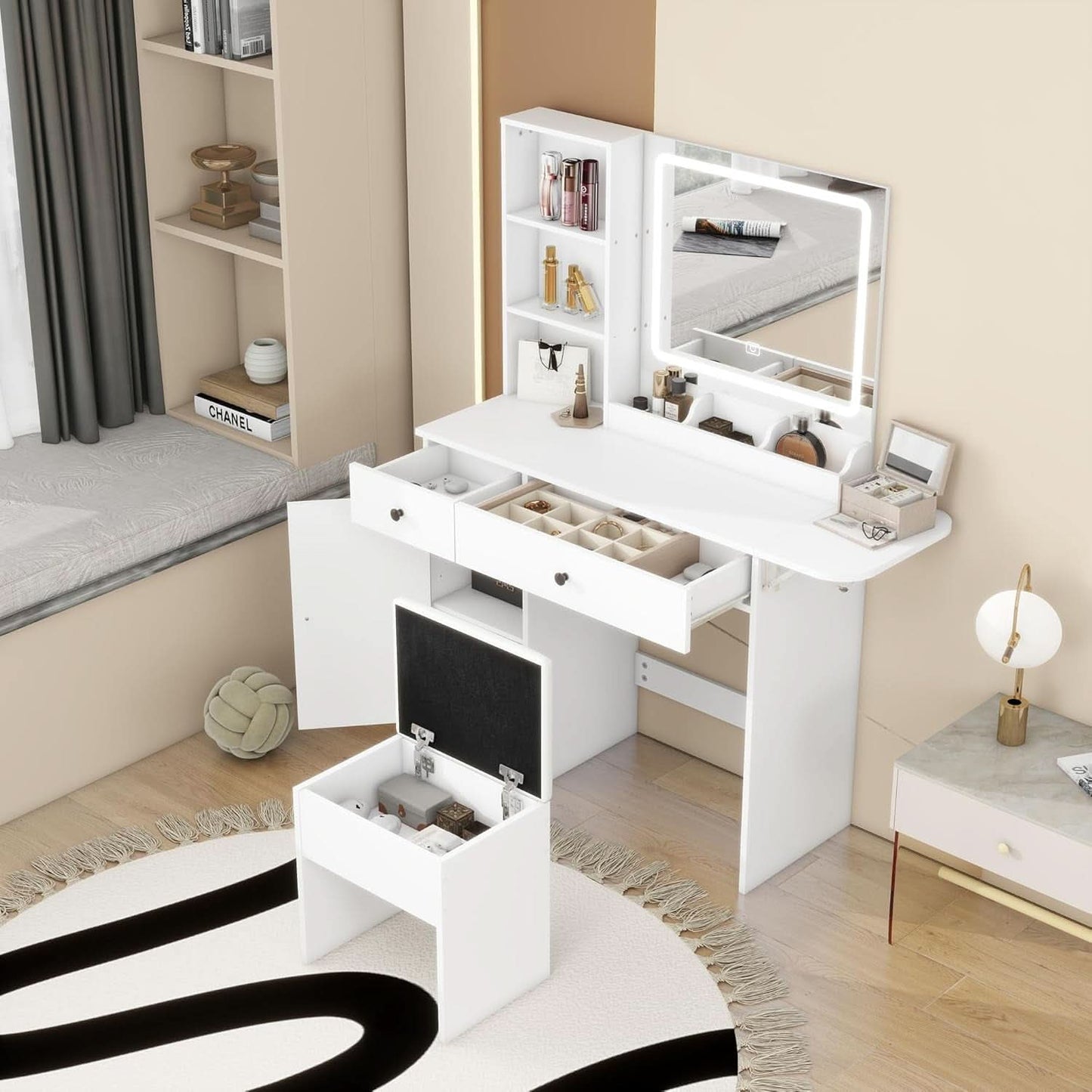 Vanity Desk Set White With Illuminated Mirror With LED