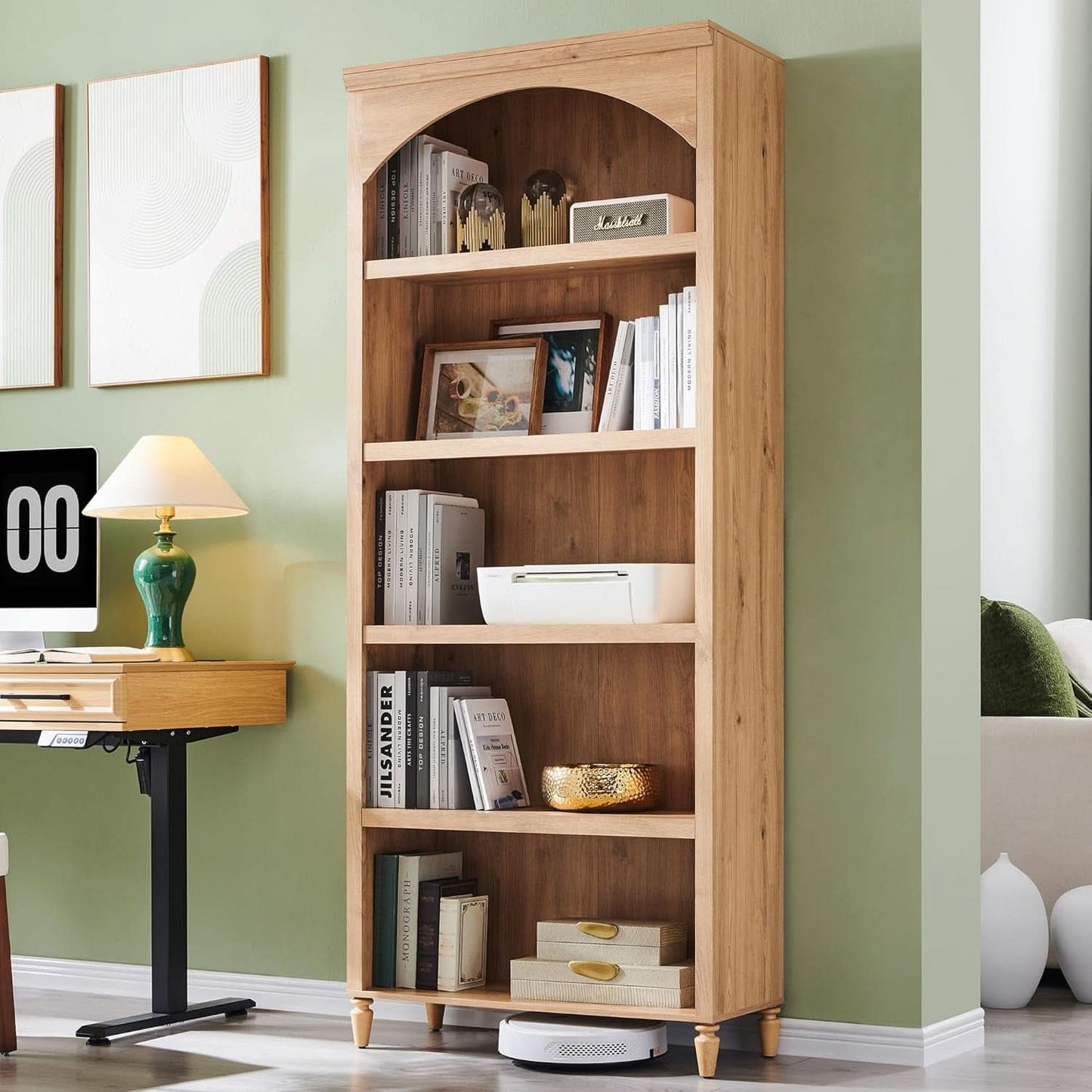 76 Inch Tall Arched Bookcase With Adjustable Shelves