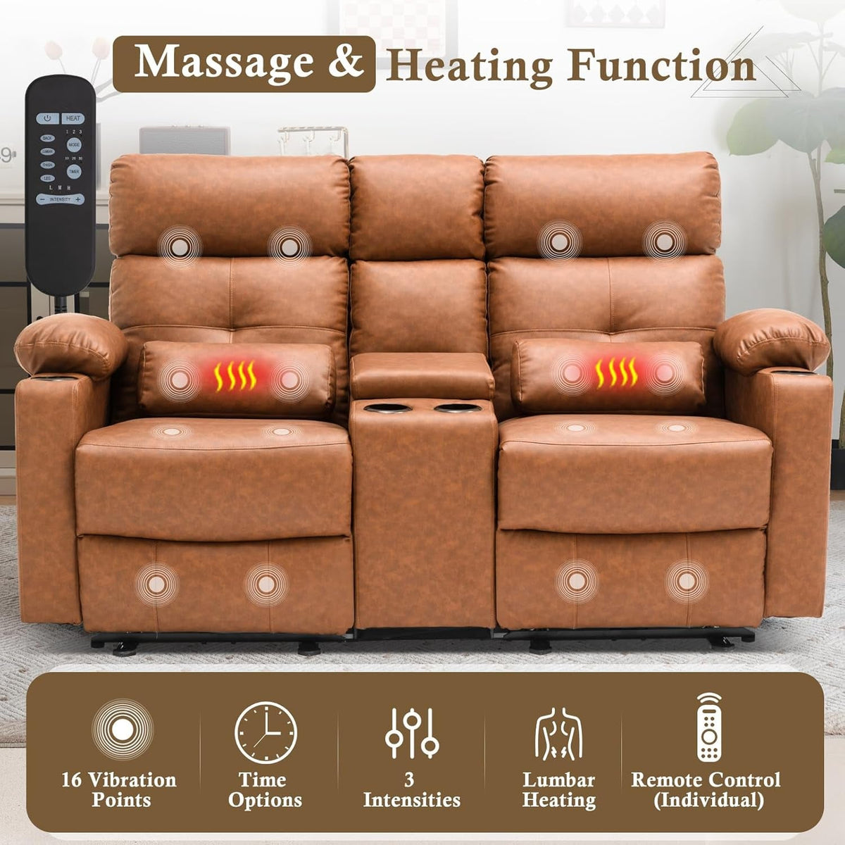 Power Recliner Loveseat With Console Yellowish Brown