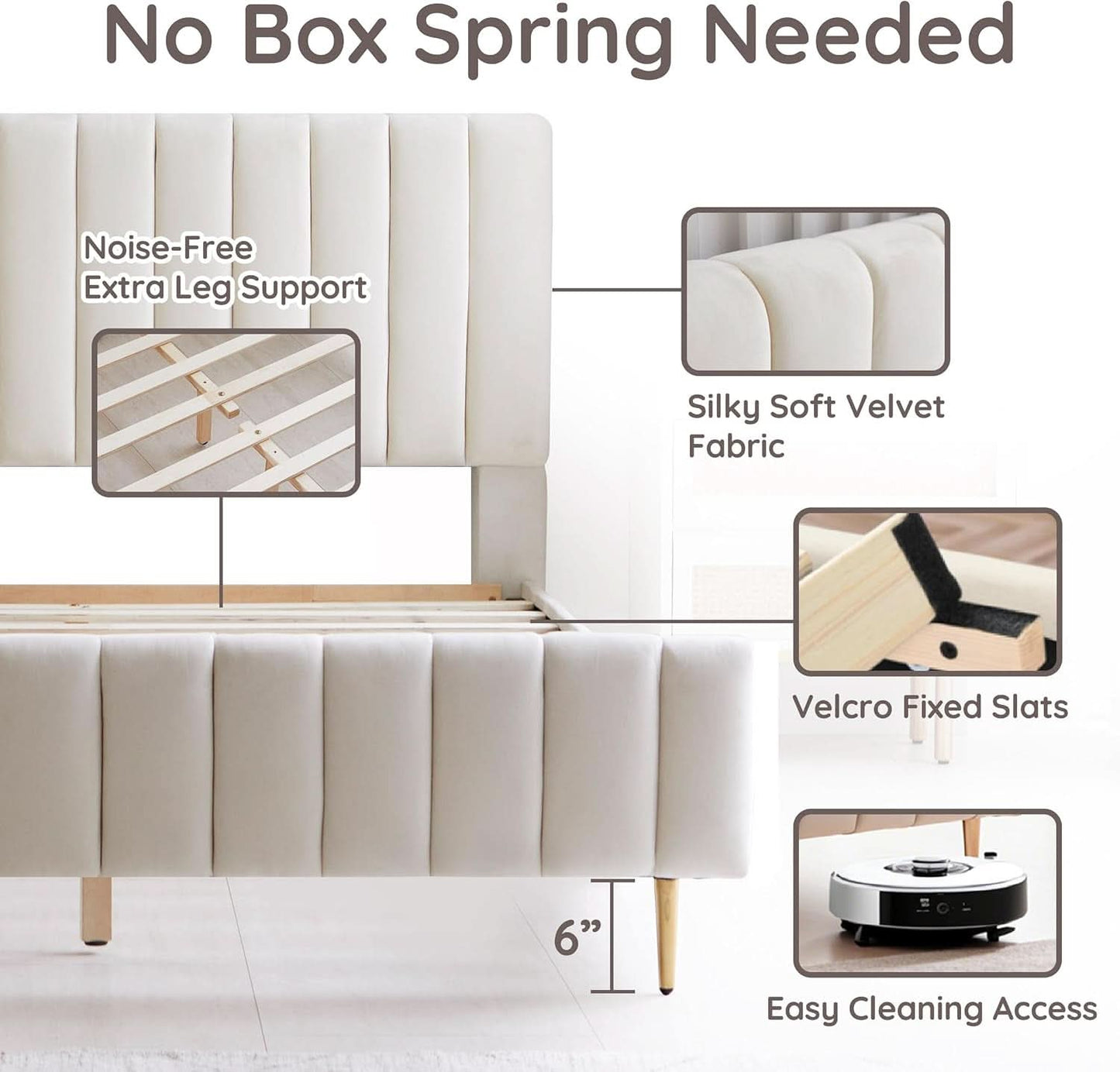 Queen Size Velvet Platform Bed With Ivory Upholstered Head board