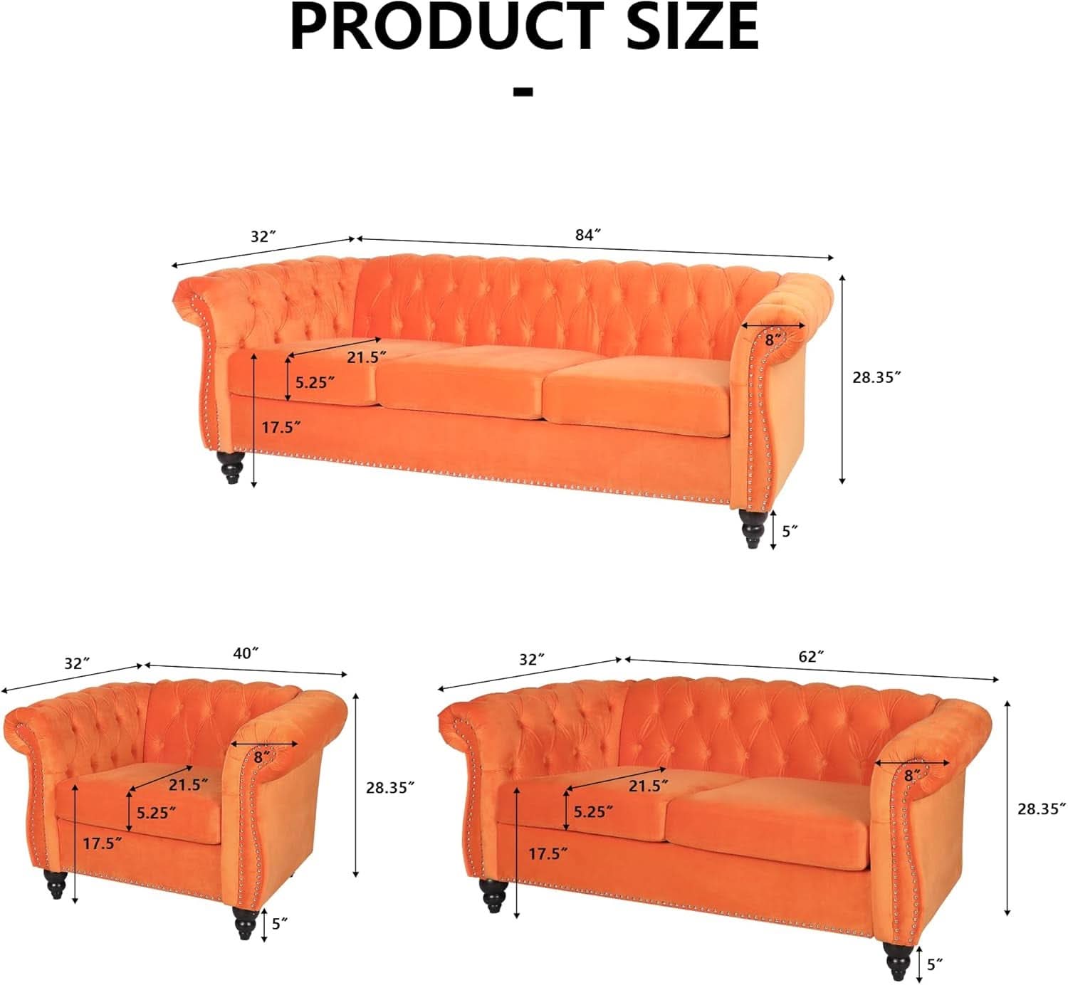 3 Piece Orange Velvet Living Room Sofa Set Includes Loveseat And Club Chair Durable Upholstery-1
