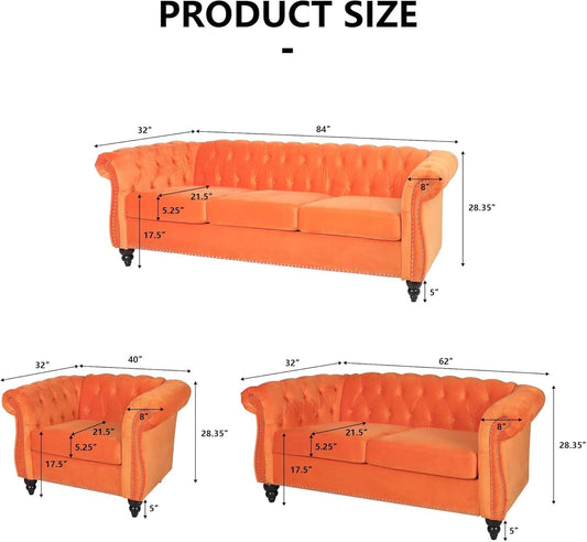 3 Piece Orange Velvet Living Room Sofa Set Includes Loveseat And Club Chair Durable Upholstery-1