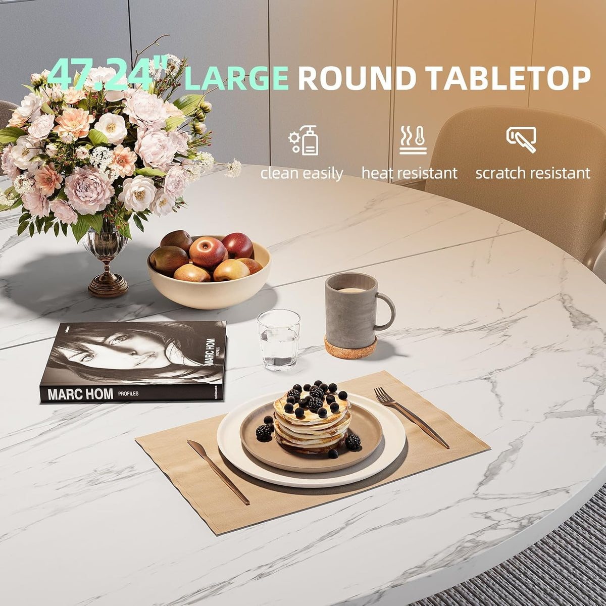 47.24in Circular Dining Table White Marble Pedestal