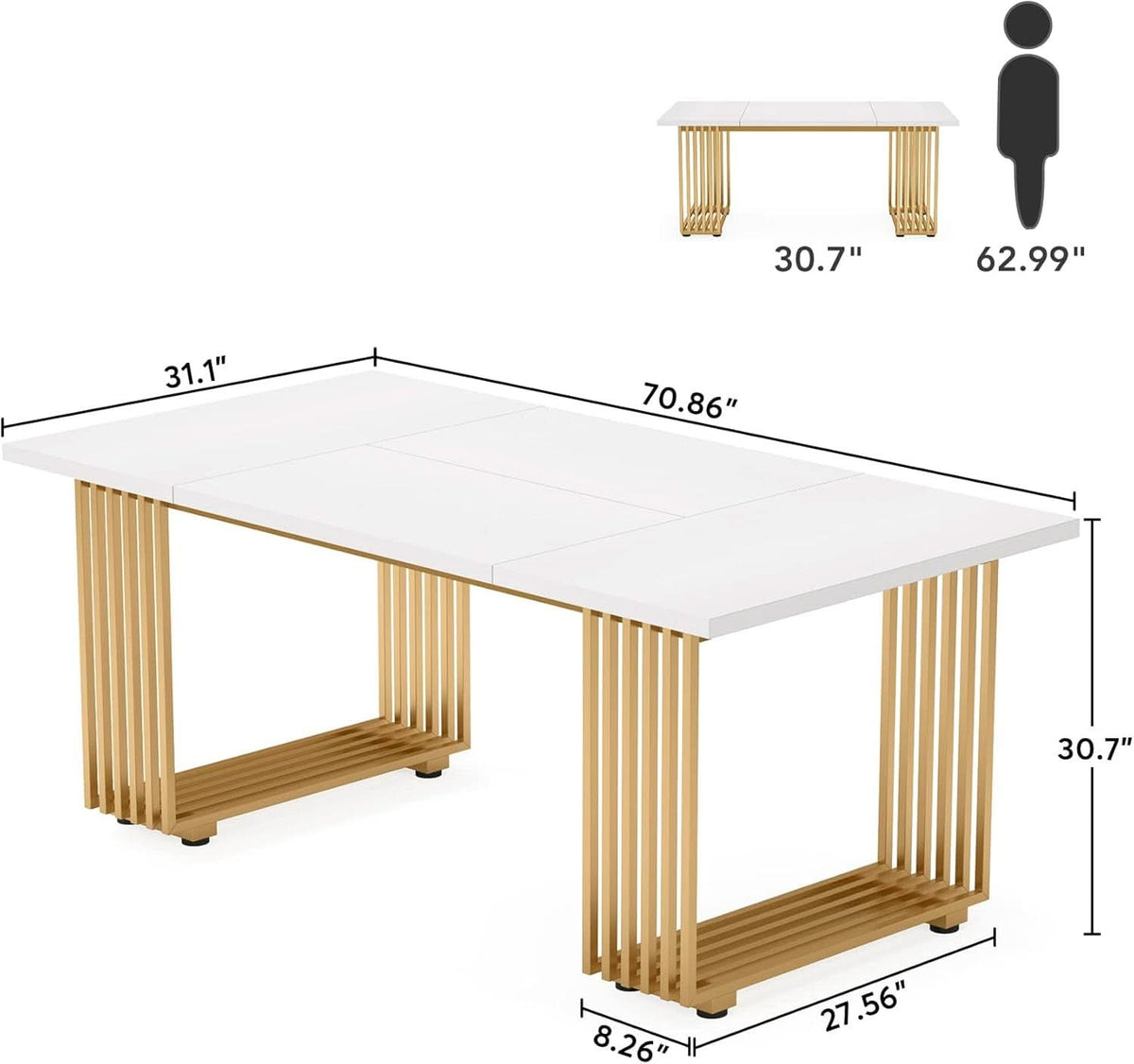 White Gold Wood Dining Table 70 Inch Rectangular For Dining Room-1