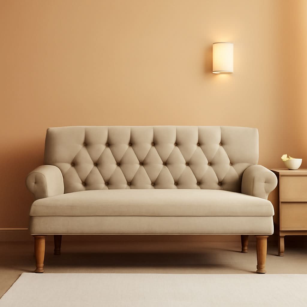 Warm Beige Tufted Linen Love Seat For Small Spaces-0