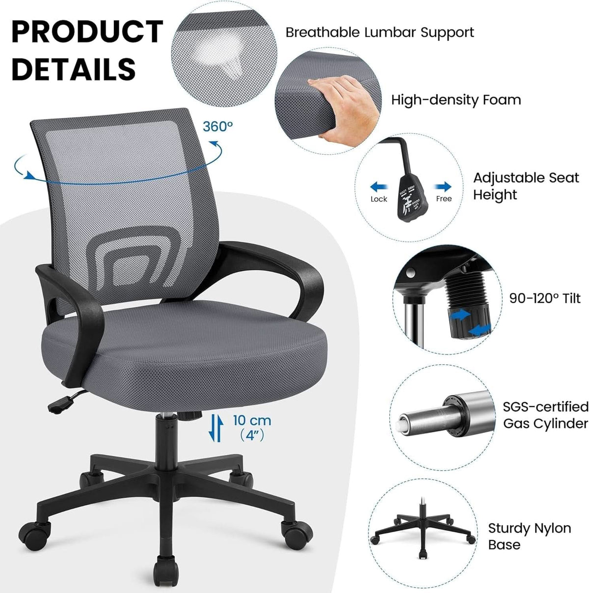 2 Pack Ergonomic Mesh Office Chairs With 360 Degree Rolling Casters Dark Gray For Home Office-3