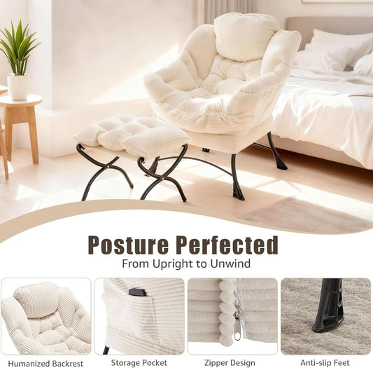 Oversized Corduroy White Reading Chair With Ottoman