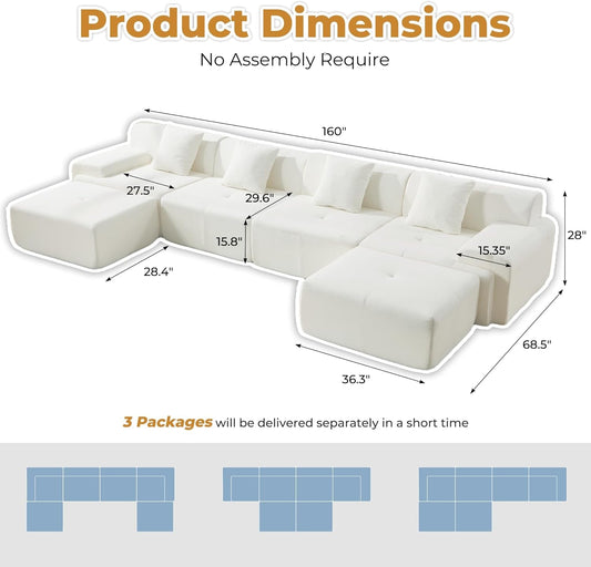 160 Inch White Corduroy Modular Sectional Sofa Set