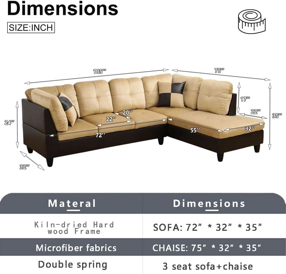 2 Piece L Shaped Sectional Sofa Set Beige Microfiber Right Hand Facing Ideal For Living Room-1