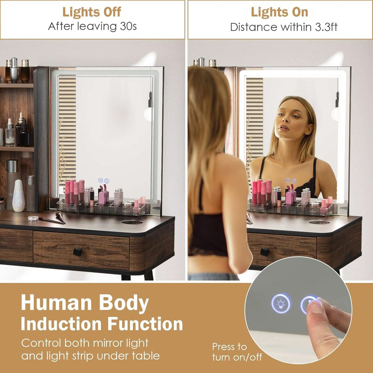 Makeup Vanity Table Featuring Large Illuminated Mirror