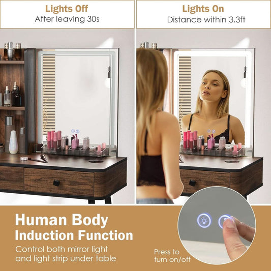 Makeup Vanity Table Featuring Large Illuminated Mirror