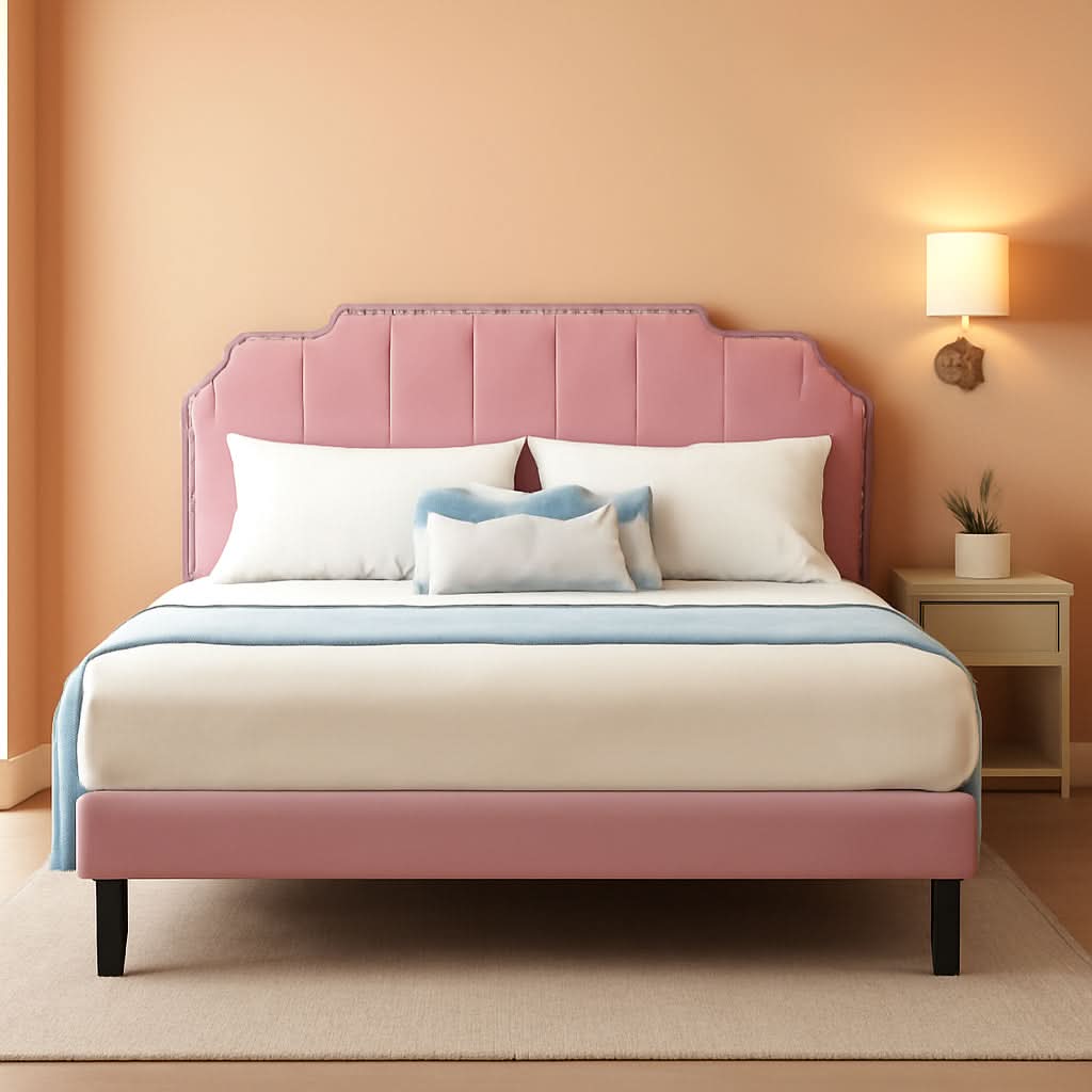 Queen Velvet Upholstered Platform Bed Frame Nailhead