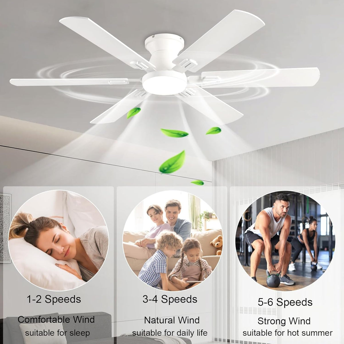56Inch White Flush Mount Ceiling Fan Remote Control