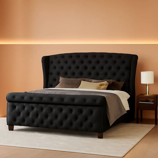 Queen Velvety Platform Bed Frame Black Upholstered