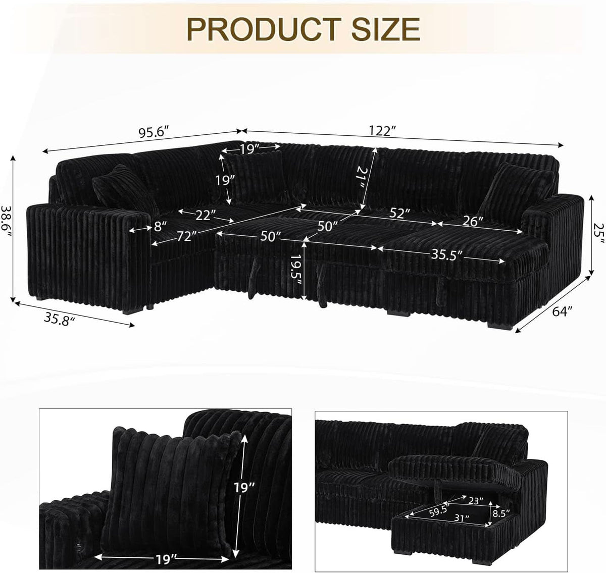 Black 122Inch U Shaped Sleeper Sectional USB Charging Ports