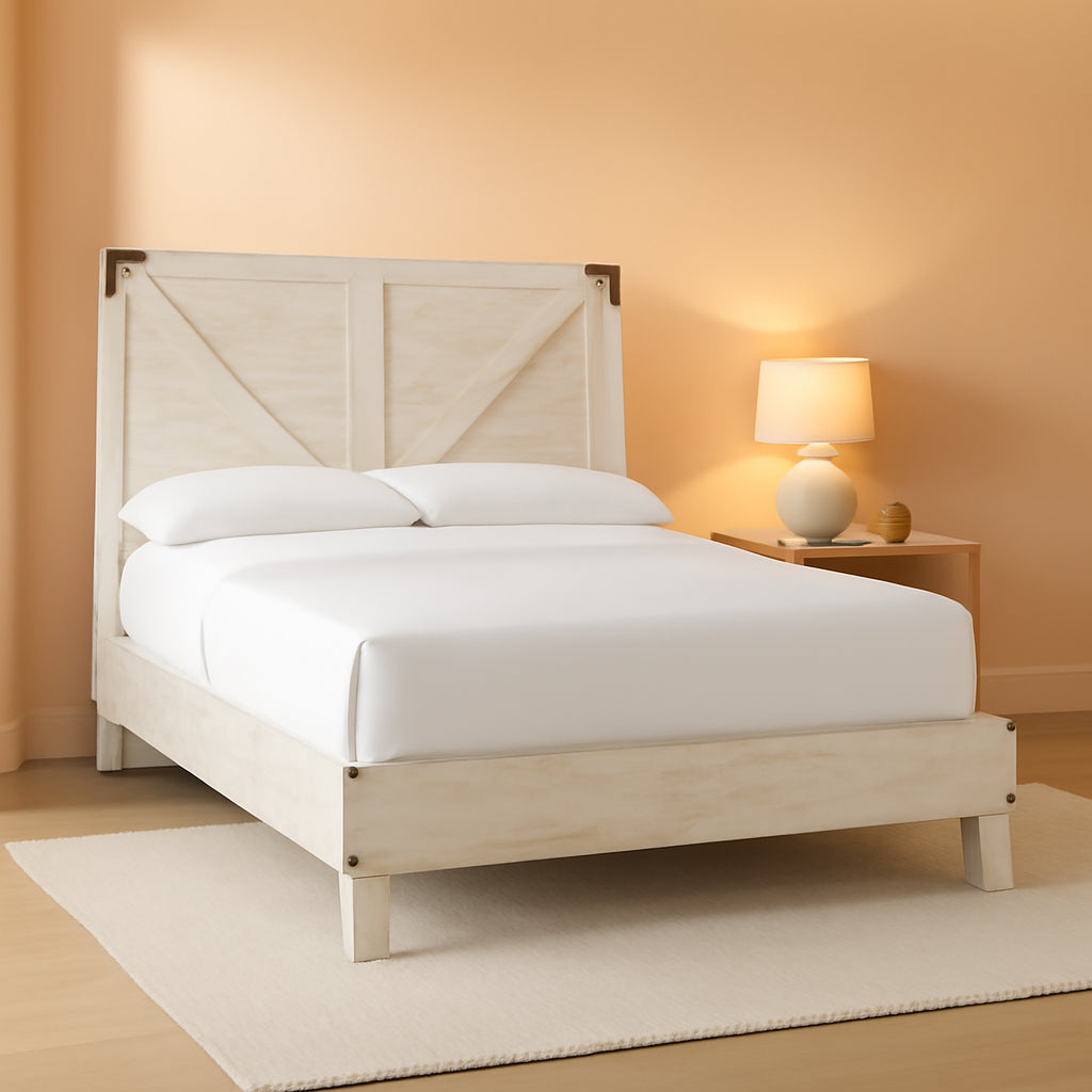Queen Cross buck Platform Bed White wash Durable Frame