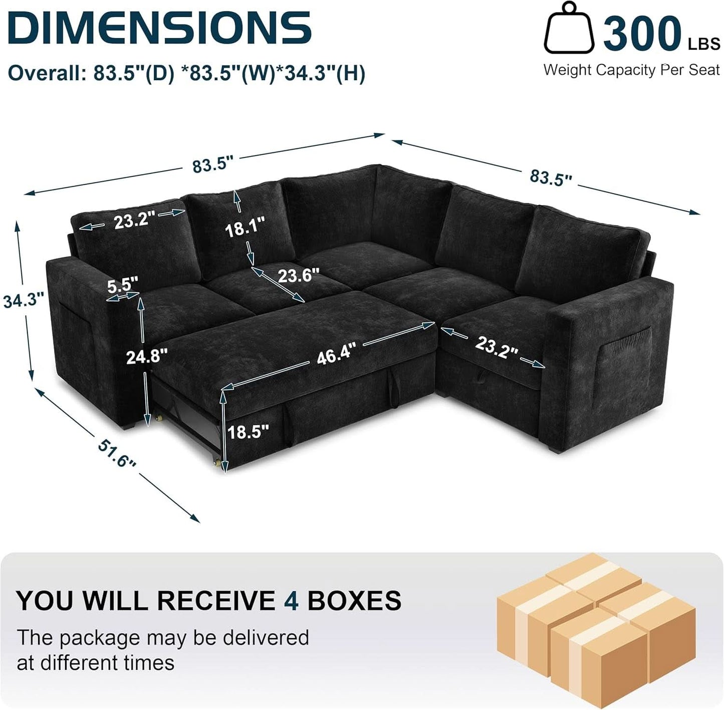 Black 83Inch Deluxe Sleeper Sectional Sofa With Storage