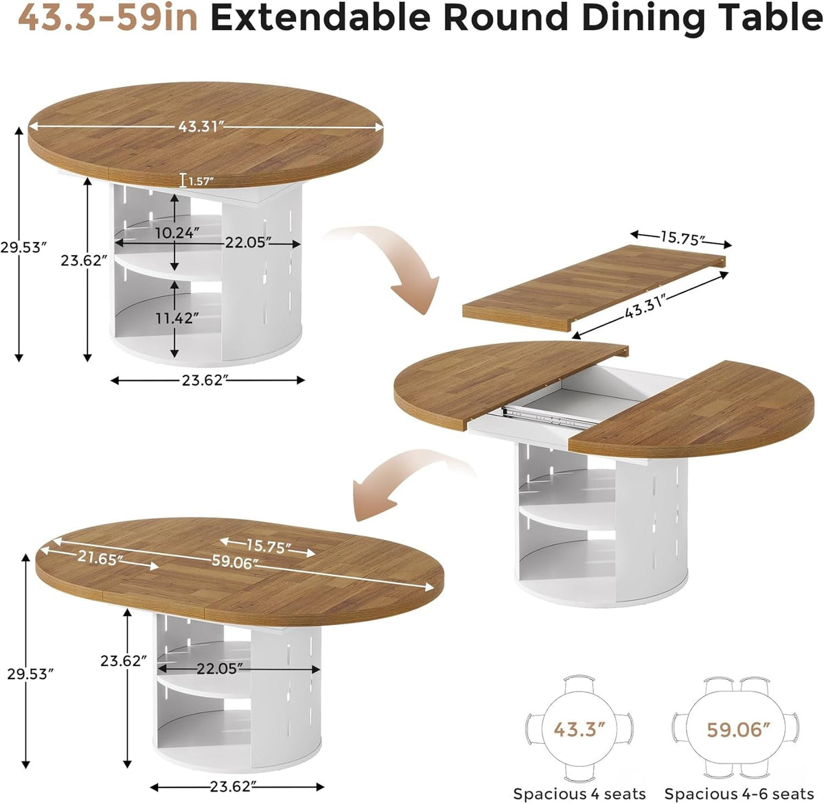 Extendable Round Dining Table FortyThree Inch Storage Cabinet