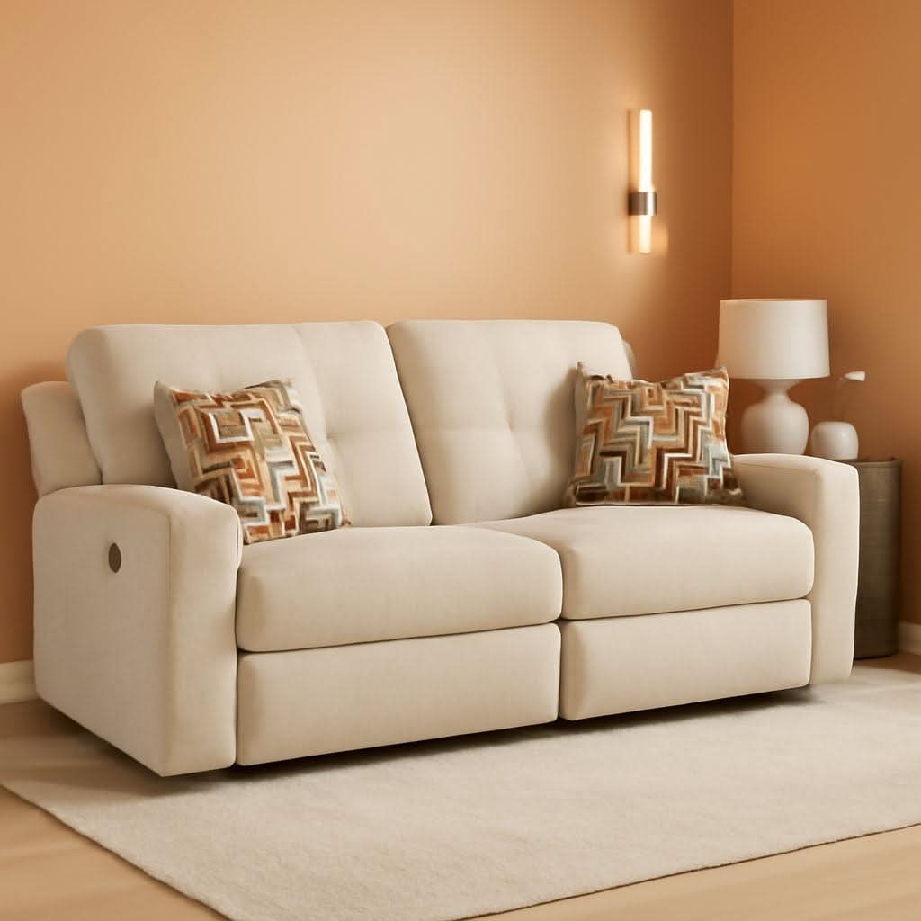 Beige Manual Reclining Sofa Featuring Plush Tufting