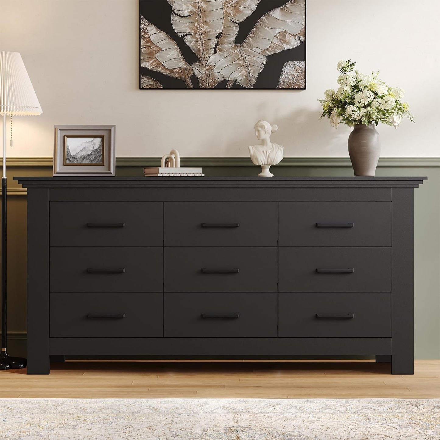 Black Vintage Ornate Solid Wood Dresser With Nine Drawers-4