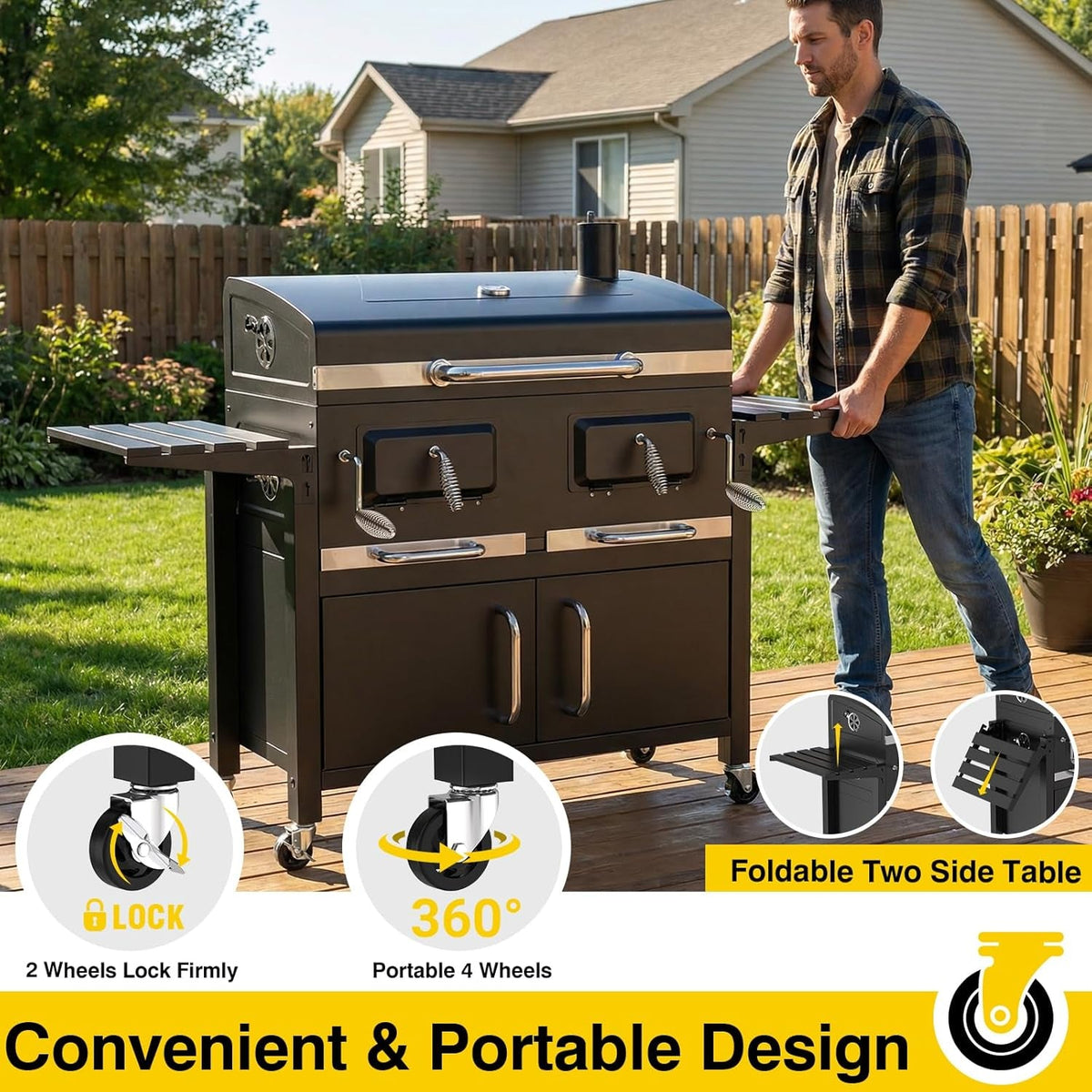 63Inch Cabinet Charcoal Grill Smoker With FoldingTables