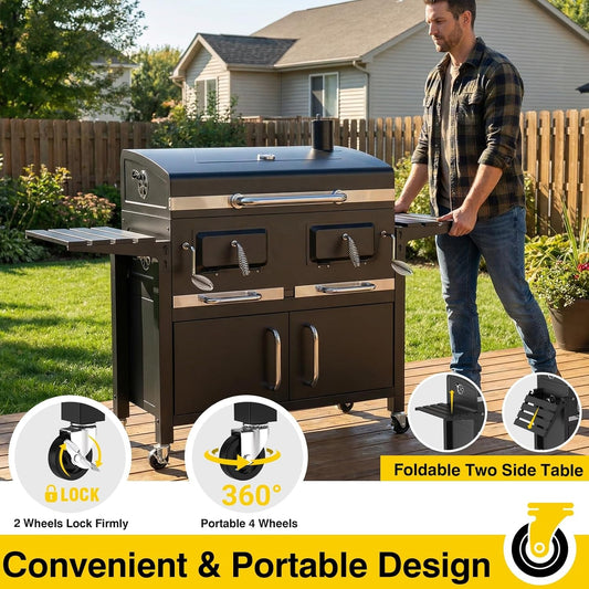 63Inch Cabinet Charcoal Grill Smoker With FoldingTables