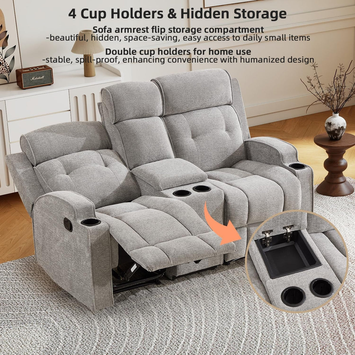 67 Inch Manual Loveseat Recliner Sofa With Cupholders