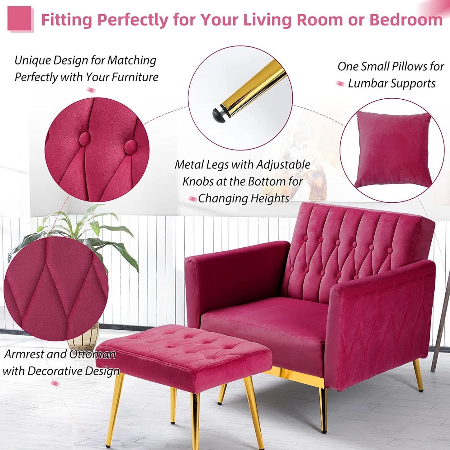 Accent Chair Recliner With Adjustable Armrests Fuchsia