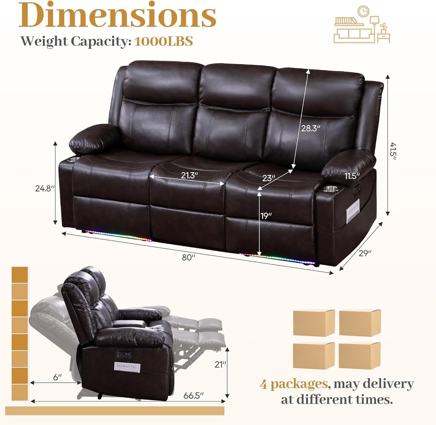 Brown Colorful LED Lighting Premium Reclining Sofa
