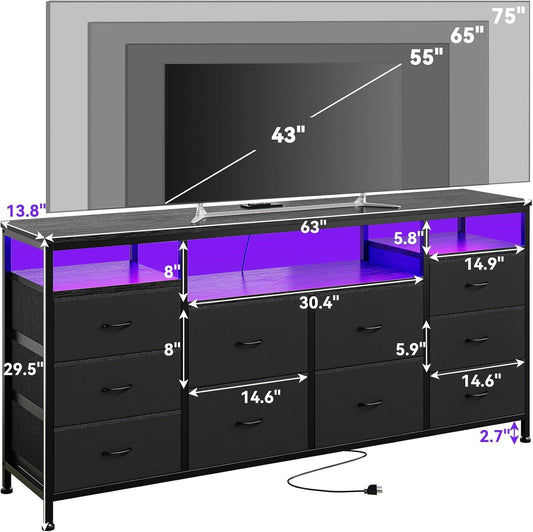 63 Inches Black Dresser TV Stand Entertainment Center