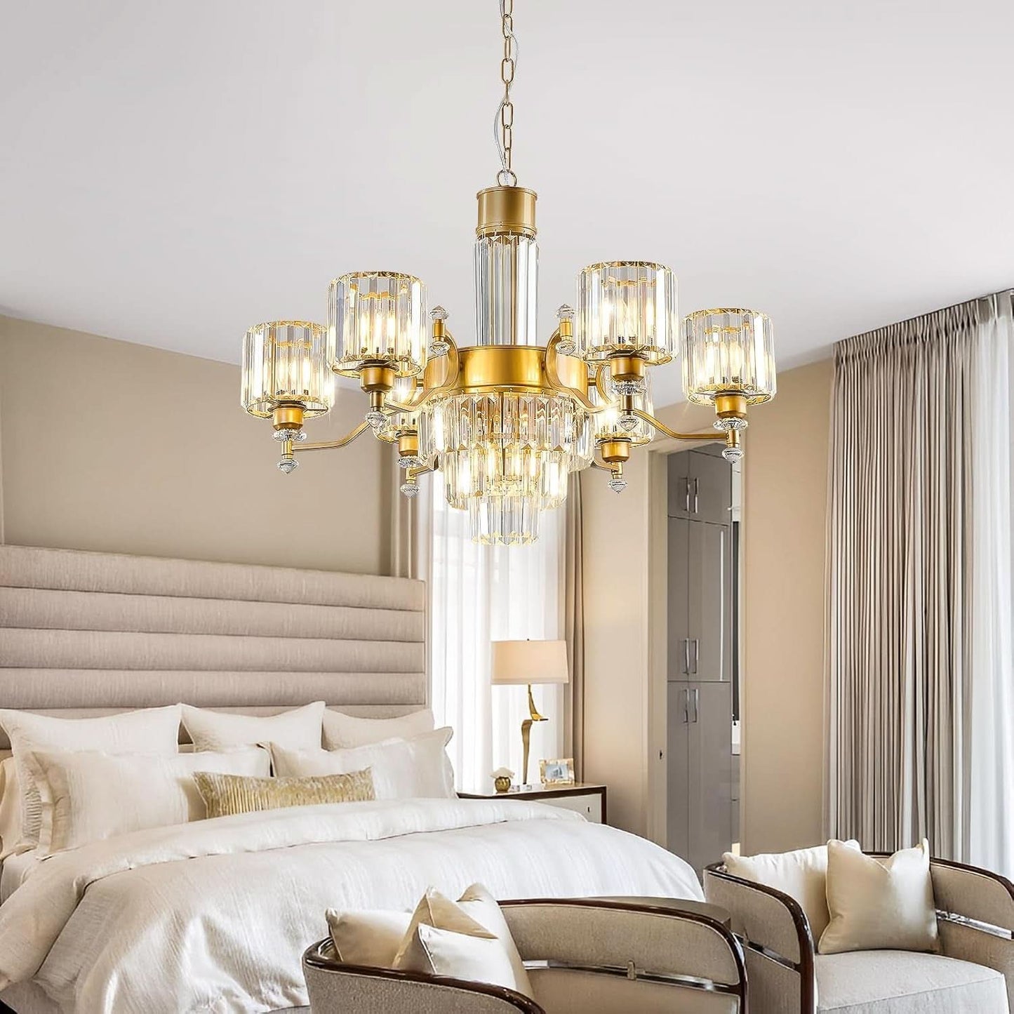 Seven Light Crystal Chandelier Gold Finish Ceiling Fixture