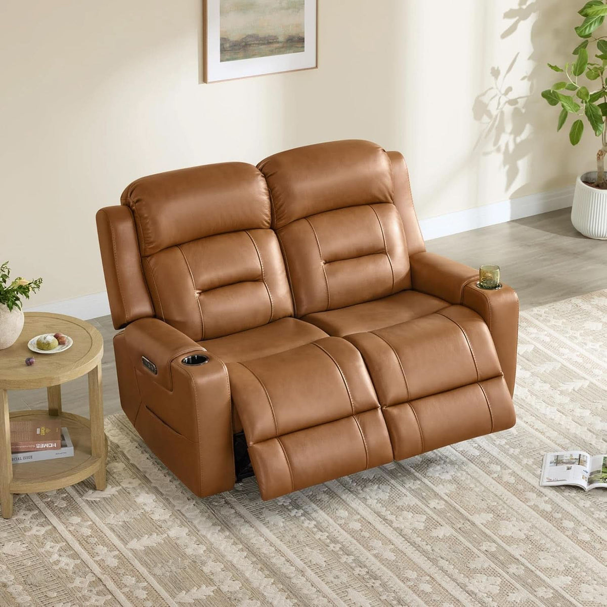 Saddle Brown Leather Power Headrest Loveseat Recliner