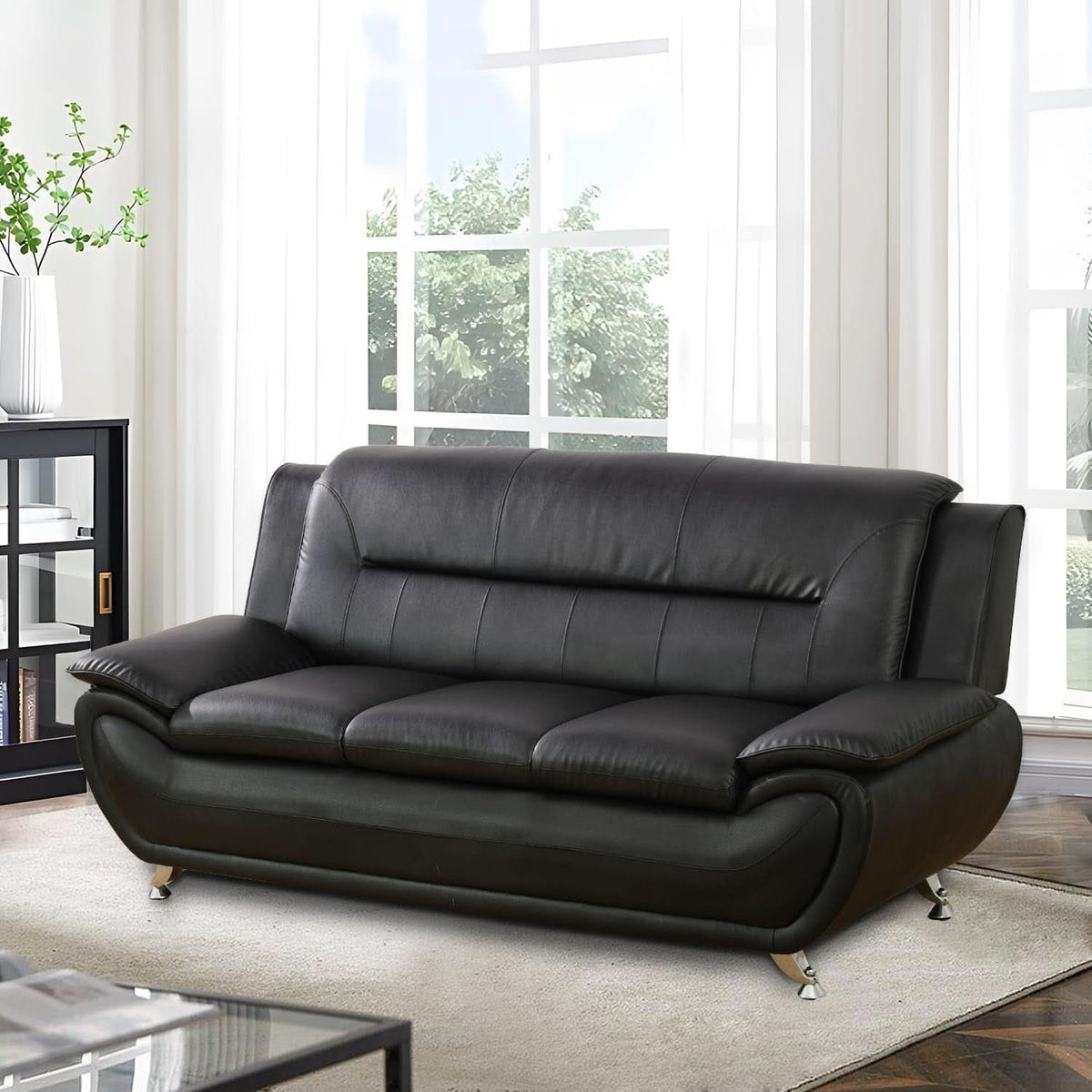 Faux Leather 3 Piece Modern Living Room Sofa Set Black