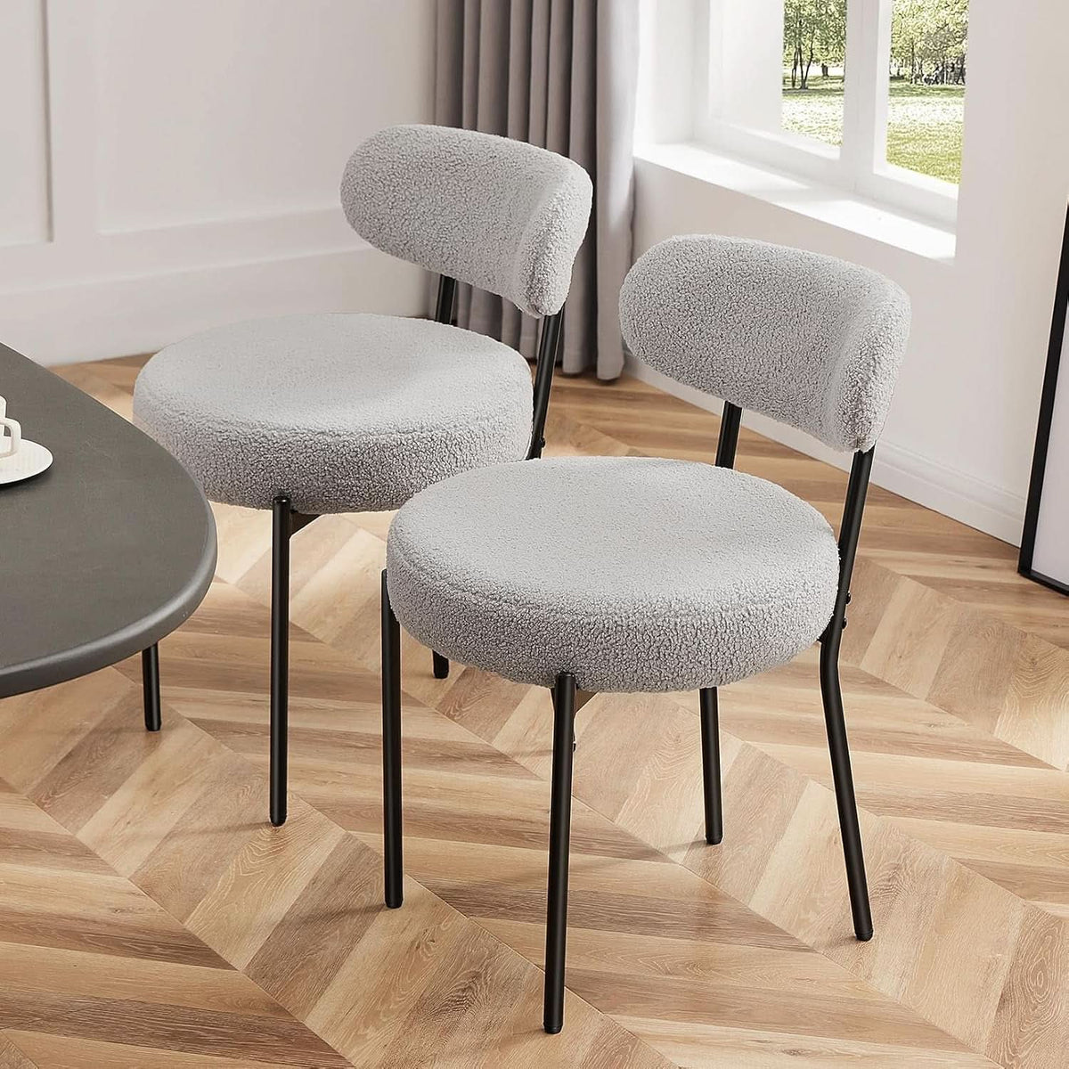 CharcoalGrey Boucle Dining Chair Set Midcentury Backrest