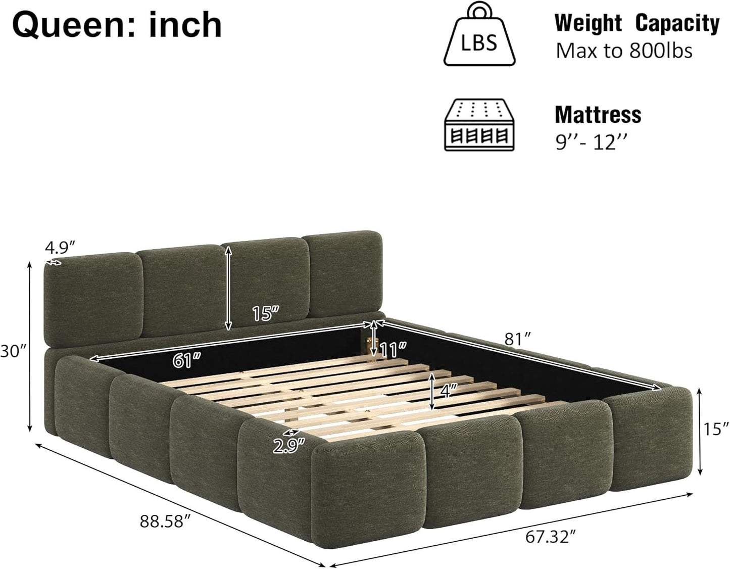 Queen Size Emerald Green Boucle Platform Bed Upholstered