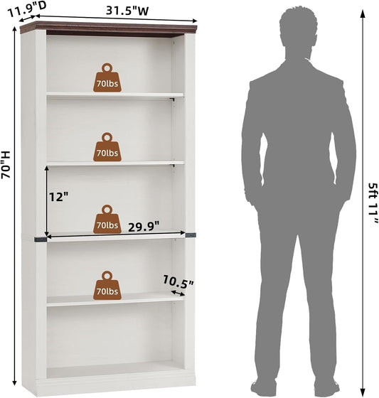 White Five Tier Bookcase Featuring Adjustable Shelves
