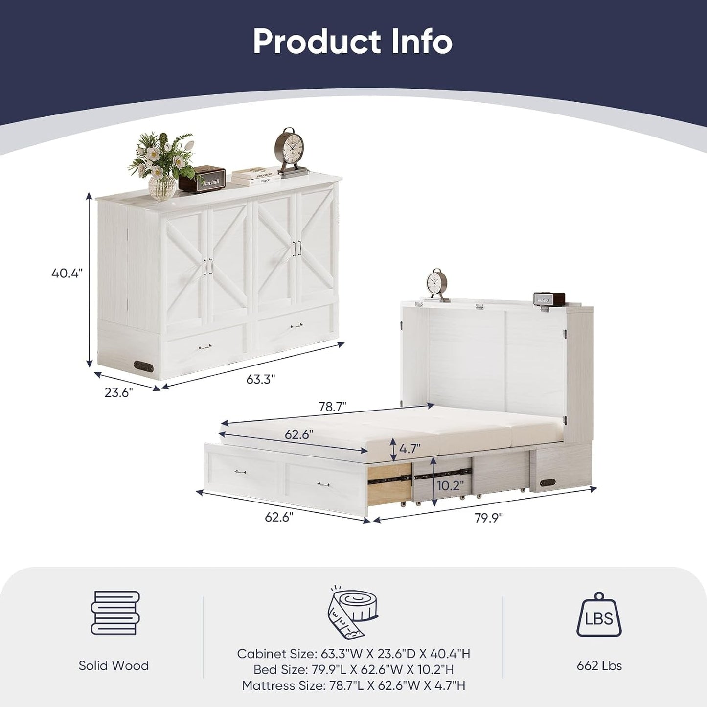 White Queen Murphy Cabinet Bed With Storage Drawers-2
