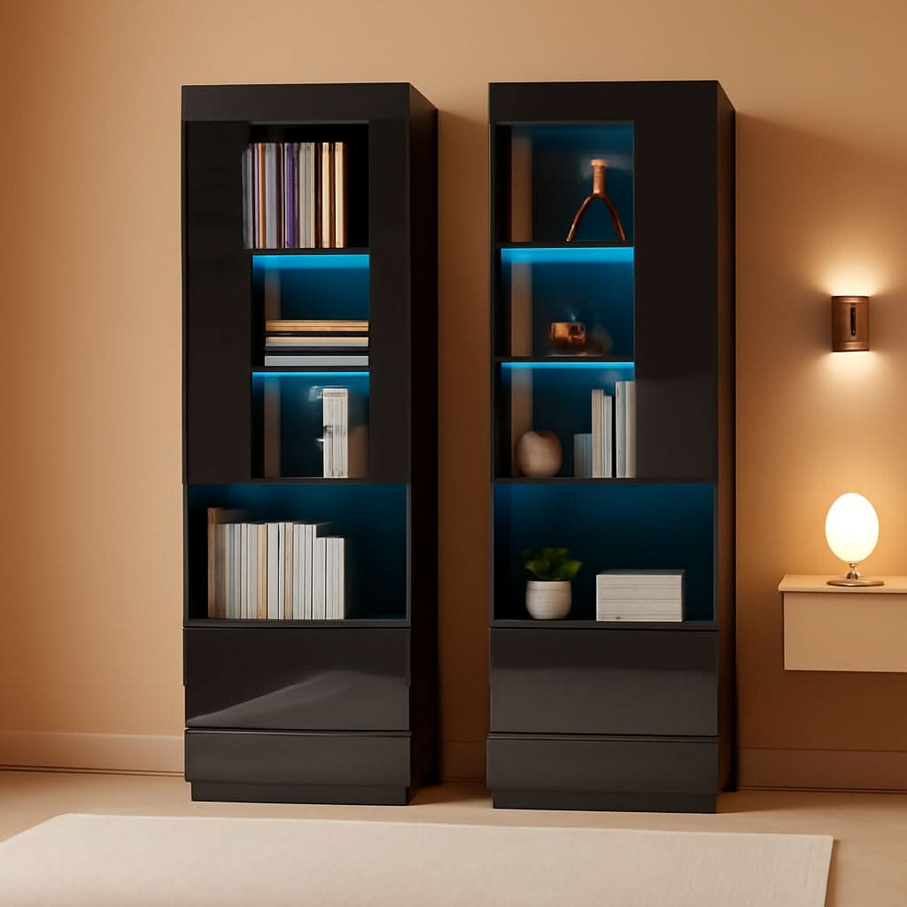 Two Piece 71 Inch Tall Bookcase Storage Cabinet With Glass Doors Set Of Two For Living Room And Office-0