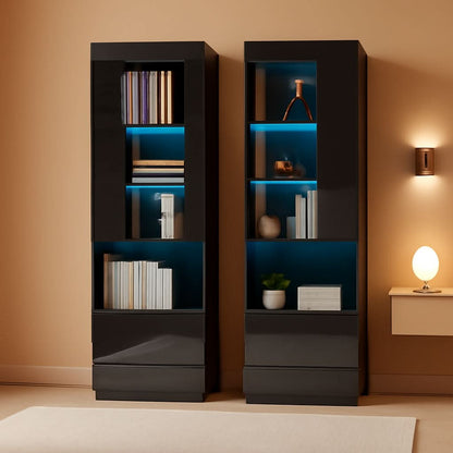 Two Piece 71 Inch Tall Bookcase Storage Cabinet With Glass Doors Set Of Two For Living Room And Office-0